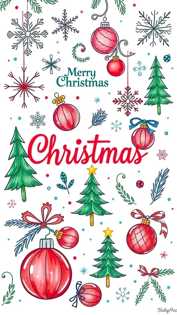 Colorful Christmas nature doodles including snowflakes, trees, and ornaments on a festive background.